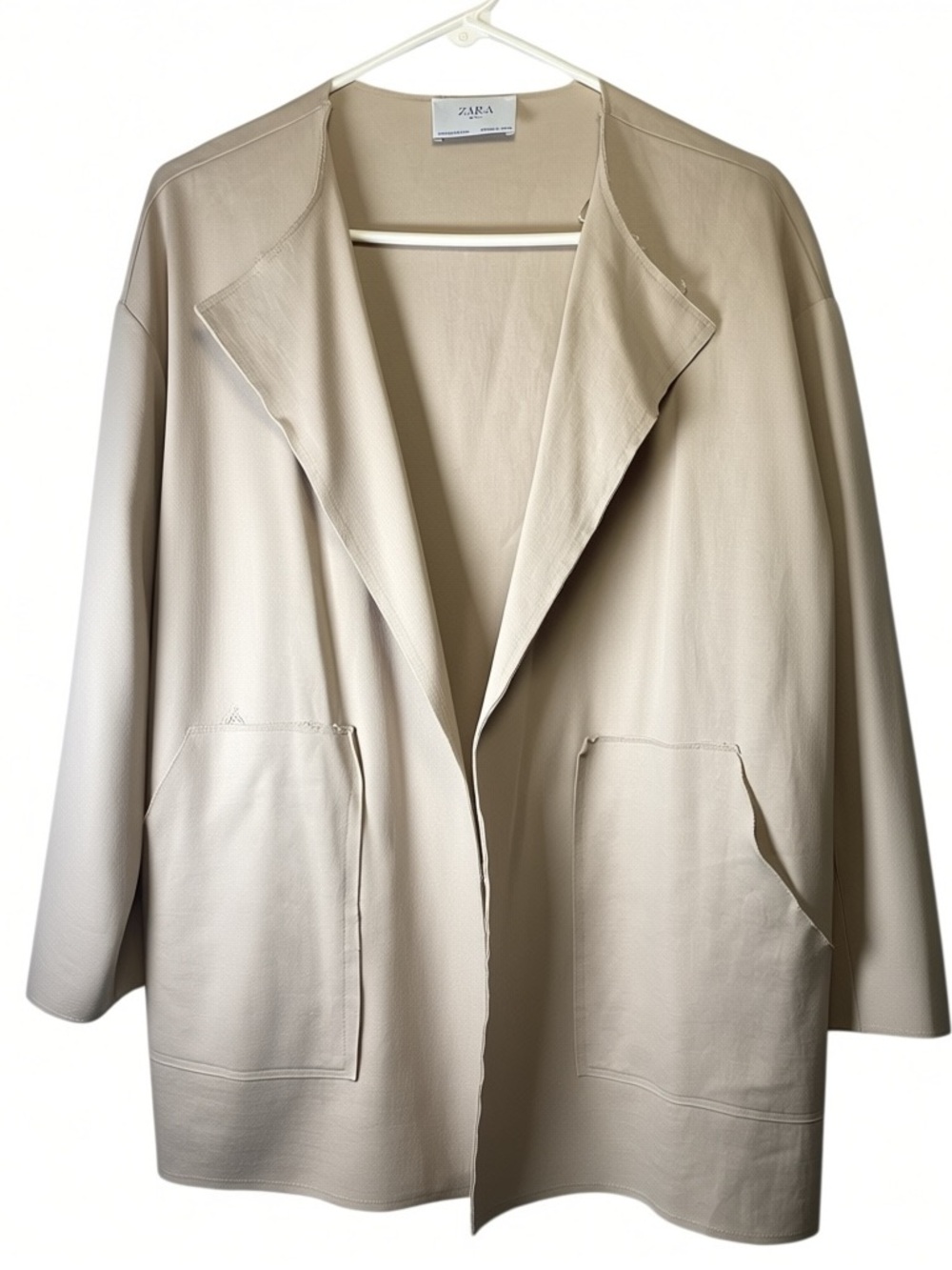 Zara Women's Raw Edge Beige Open Front Jacket tan beige taupe